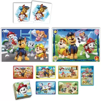 Puzzles e cartas da Patrulha Pata com personagens coloridos e dado ilustrado