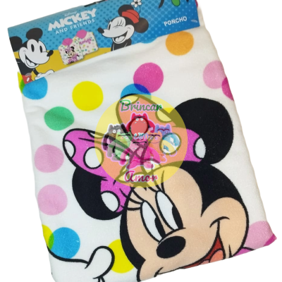 Poncho de criança com estampado da Minnie Mouse e bolinhas coloridas em embalagem azul