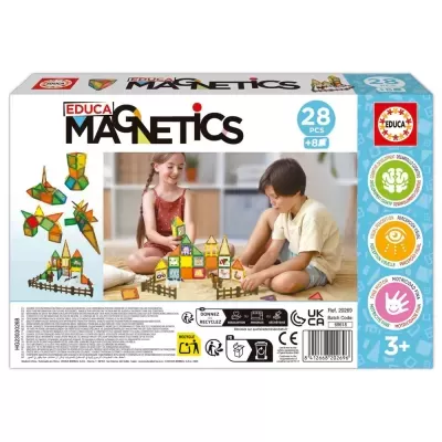Brinquedo educativo Educa Magnetics com peças magnéticas coloridas.