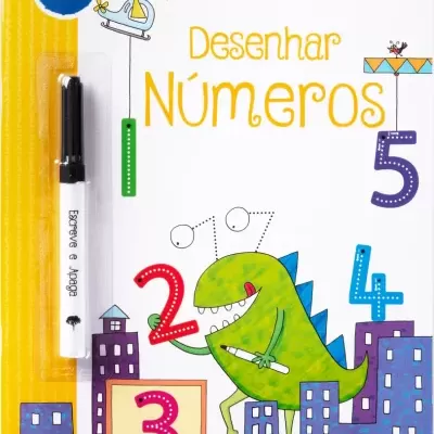 Livro infantil com caneta apagável, capa colorida com dinossauro e números