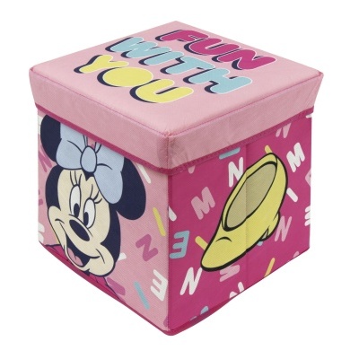 Caixa de arrumação infantil rosa com estampa de Minnie Mouse e texto divertido na tampa