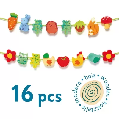 Guirlandas de madeira coloridas com 16 peças de animais e frutas