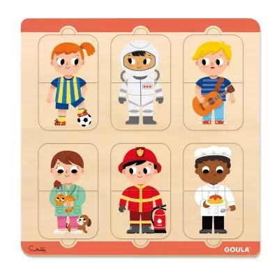 Puzzle de madeira com seis peças representando crianças em profissões e atividades diversas.