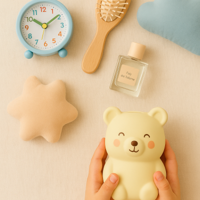 Relógio azul, escova de madeira, perfume, almofadas de estrela e nuvem, mãos segurando urso amarelo