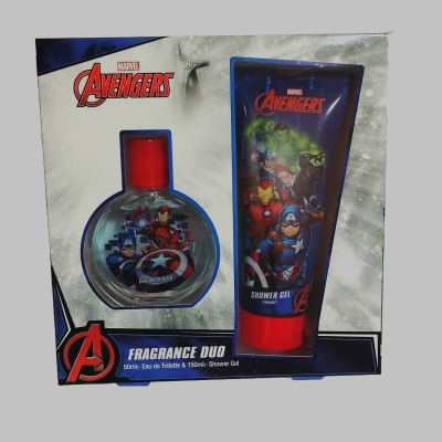 Conjunto de fragrância Avengers com Eau de Toilette e gel de banho, embalagem azul e branca