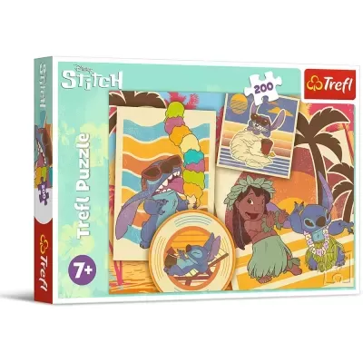 Caixa de puzzle Trefl Disney Stitch com 200 peças e ilustrações coloridas