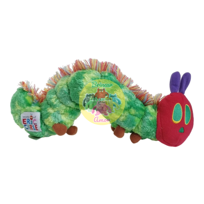 Pelúcia de lagarta verde com cabeça vermelha e antenas roxas