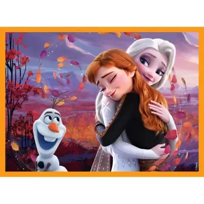 Imagem de personagens da animação Frozen a abraçarem-se com boneco de neve sorridente e fundo outonal.