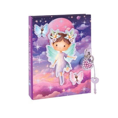 Diário com capa decorada com fada e cadeado em forma de coração