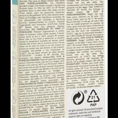 Embalagem de marcadores de vidro e porcelana, com textos de instruções multilíngues e informações do fabricante.