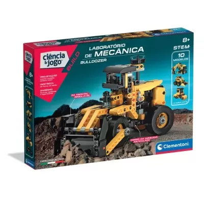 Caixa do brinquedo Solido Laboratório de Mecânica Bulldozer da Clementoni com imagem do bulldozer montado