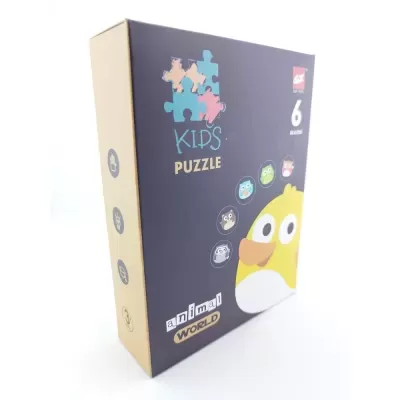 Caixa de puzzle infantil com ilustração de pato amarelo e texto Kids Puzzle e Animal World