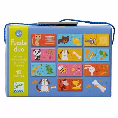 Caixa azul e amarela de puzzle duo para crianças com alça azul, ilustrada com animais e objetos.