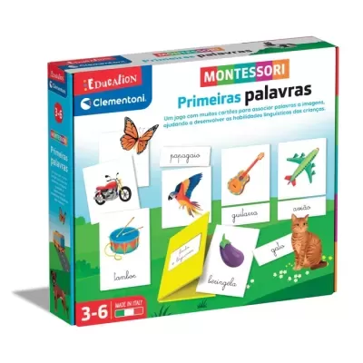 Caixa do jogo educativo Montessori Primeiras palavras com cartas ilustradas e texto em português