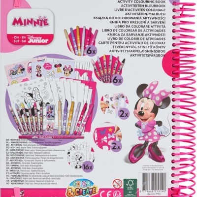 Livro de atividades para colorir Minnie Disney Junior com pincéis e lápis coloridos