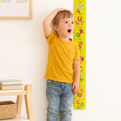 Regua medidora de altura infantil amarela com letras coloridas e números, criança a medir altura na parede branca