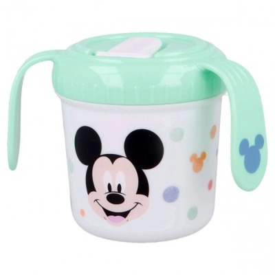 Copo infantil de plástico com tampa verde água e decoração do Mickey Mouse