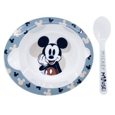 Conjunto infantil de prato e colher com desenho do Mickey Mouse