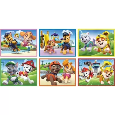 Seis ilustrações coloridas com personagens caninos da série PAW Patrol em diferentes cenários exteriores.