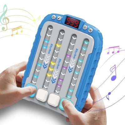 Brinquedo musical interativo azul com colunas coloridas e ecrã digital