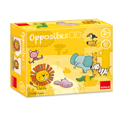 Caixa de jogo de cartas infantil Opposites com ilustração de animais e texto em inglês.