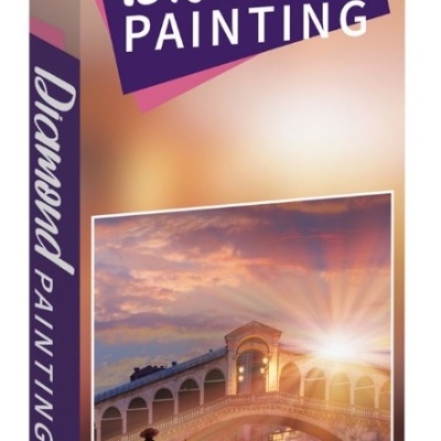 Embalagem de Diamond Painting com imagem de canal e ponte ao pôr do sol