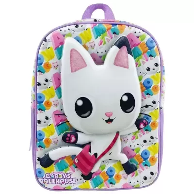 Mochila infantil colorida com figura 3D de gato branco e texto Gabby's Dollhouse