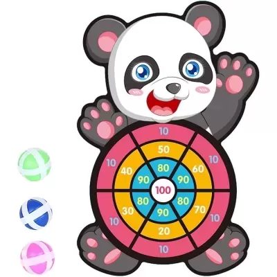 Jogo de dardos panda com alvo colorido e três bolas de lançamento