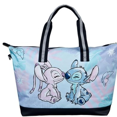 Mala de viagem azul claro com estampado Stitch e Angel