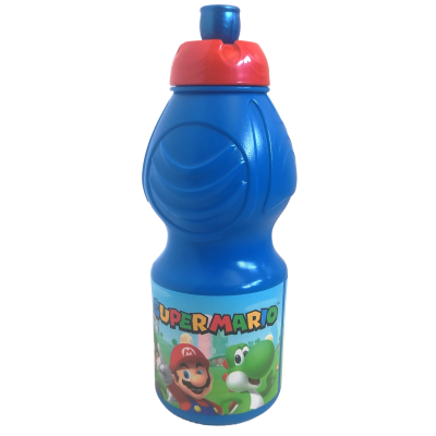 Garrafa desportiva azul com tampa vermelha e ilustração do Super Mario