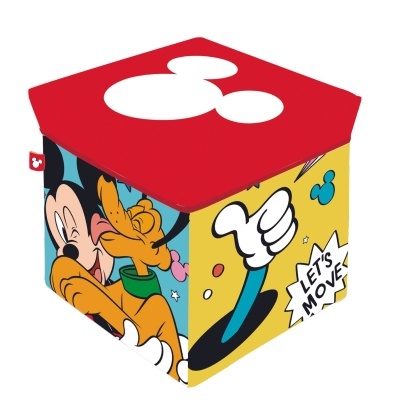 Caixa cúbica vermelha com a cabeça de Mickey Mouse na tampa e ilustrações coloridas nas laterais de Mickey e Pluto.