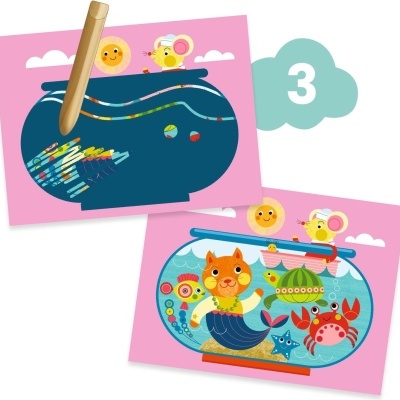 Duas cartas de jogo com ilustrações de aquários e animais coloridos, número 3 em nuvem azul