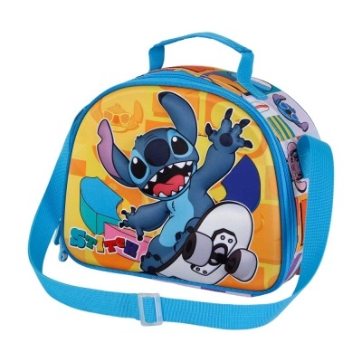 Mala infantil azul e amarela com personagem Stitch