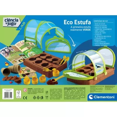 Kit educativo Eco Estufa com vasos, estufa transparente verde e ferramentas amarelas