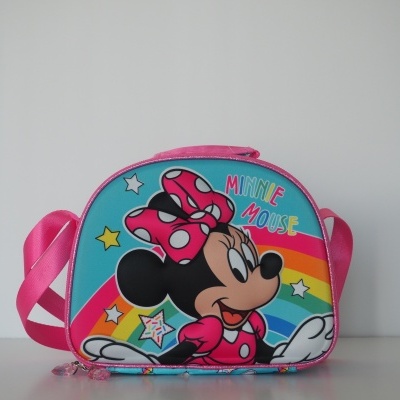 Bolsa infantil rosa com estampa da Minnie Mouse e texto