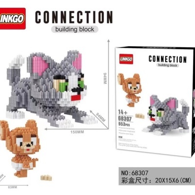 Blocos de construção LINKGO CONNECTION com figuras de gato cinzento e rato castanho em caixa branca