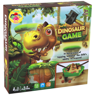 Caixa de jogo DINOSAUR GAME com dinossauro cartoon amarelo e verde e texto em inglês