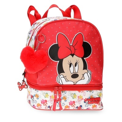 Mochila infantil com estampa da Minnie em vermelho, branco e preto