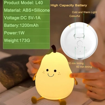 Luz nocturna recarregável em forma de pera amarela com luz suave e temporizador.