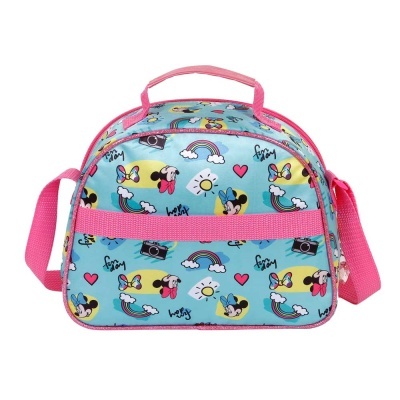 Mala infantil azul com desenhos coloridos e alças rosa