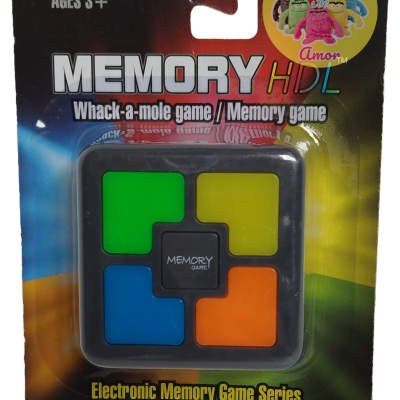 Jogo eletrônico de memória colorido em embalagem preta e amarela