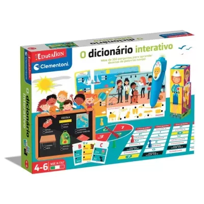 Brinquedo educativo caixa colorida com caneta eletrónica azul e cartões ilustrados