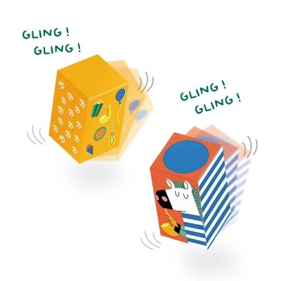Dois cubos coloridos com ilustrações infantis e texto GLING! GLING!