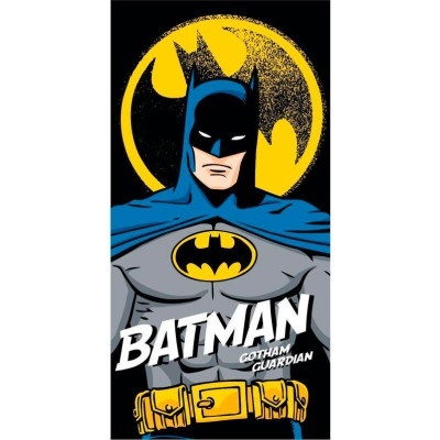 Ilustração do Batman com capa azul e símbolo amarelo em fundo preto.