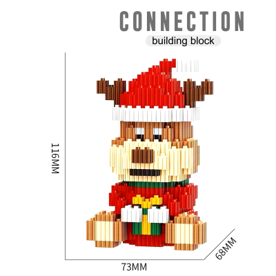 Boneco rena feito de blocos de construção com gorro e camisola vermelha, segurando presente