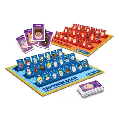 Jogo de tabuleiro Descarte Quem com peças e cartas coloridas mostrando personagens