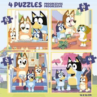 Embalagem com 4 puzzles progressivos com personagens de cães animados e números das peças
