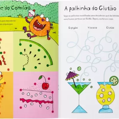 Duas páginas coloridas de livro infantil com jogos e ilustrações de comida e personagens animadas.