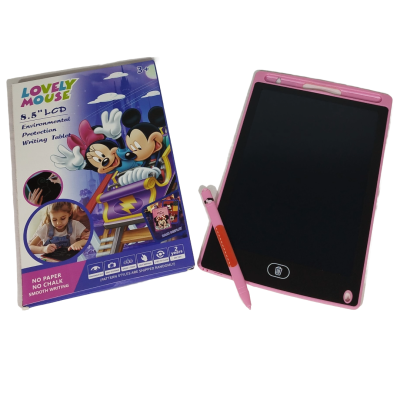 Tablet de escrita LCD rosa com caneta e embalagem com personagens Mickey e Minnie