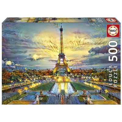 Caixa de puzzle EDUCA 500 peças com imagem da Torre Eiffel ao entardecer